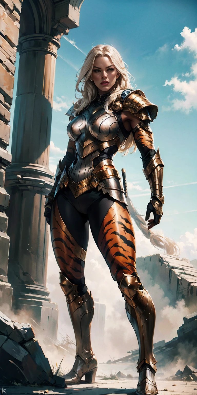 1 Girl (implying one person, likely female)
Full Body: Standing with perfect symmetry
Muscular Build: Strong and defined physique
Turned Arms: Muscular arms positioned behind her back
Theme:
Epic Fantasy: Set in a fantastical world
Asgard: Inspired by Norse mythology (can be subtle or more prominent)
Valkyrie/Lady Knight: Combining elements of a fierce warrior and noble protector
A motif incorporated into her armor, clothing, or environment (tiger stripes, or a tiger pelt cloak)
Visual Style:
Hyper Realistic: Incredibly lifelike detail
Masterpiece: Exceptional quality
8K Resolution: Sharp and high definition
Detailed Drawing: Intricate and richly textured
Superior Quality: The best possible rendering
Epic Composition: Dramatic and visually stunning