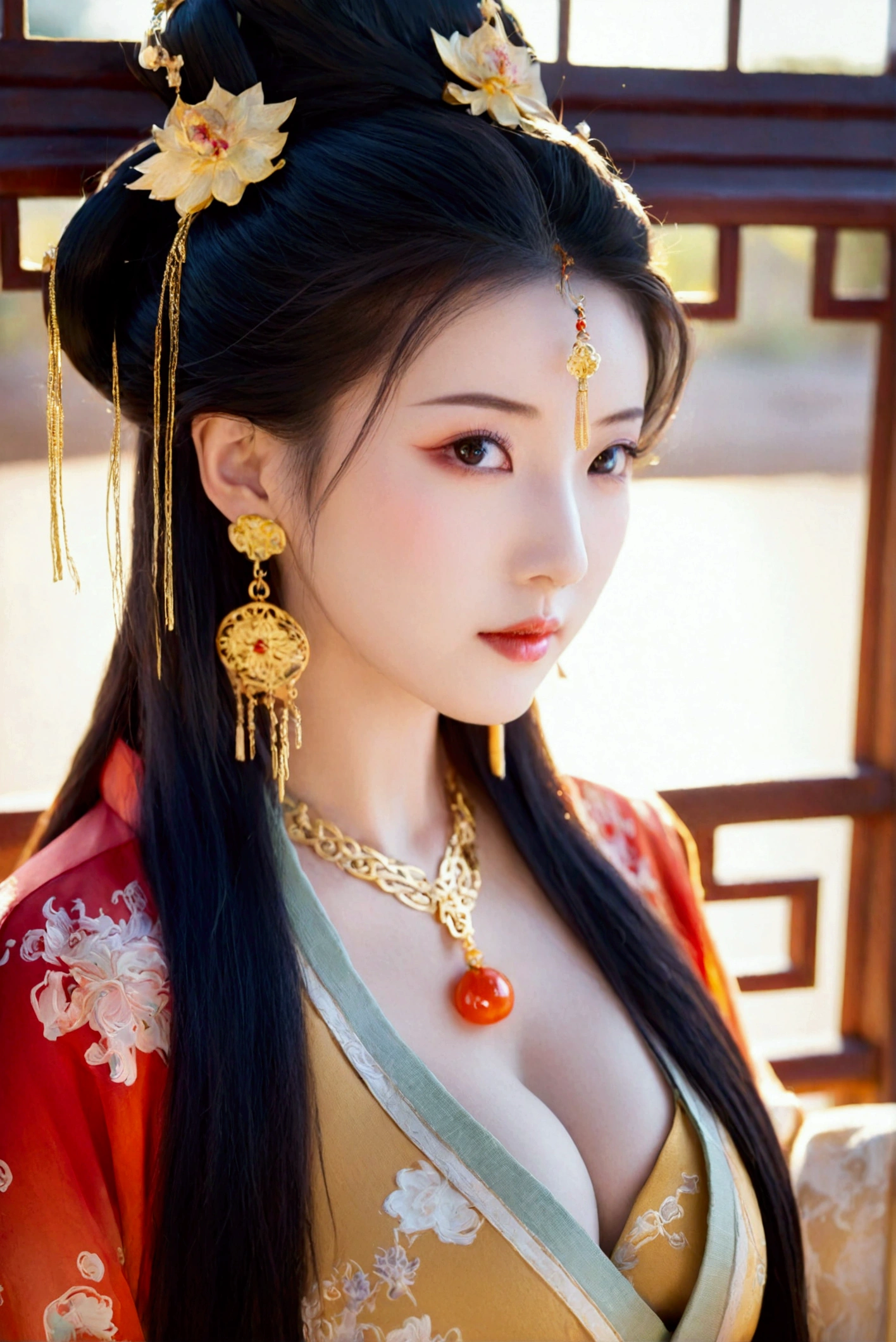 1girl, solo, breasts, looking at viewer, black hair, hair ornament, dress, cleavage, brown eyes, jewelry, closed mouth, upper body, earrings, indoors, chinese clothes，best quality，masterpiece，16k,A 40-year-old woman，Women pay attention to beautiful Chinese style clothes，natta，rays of moonlight，Asian architecture，Elaborate Eyes，Detailed faces，