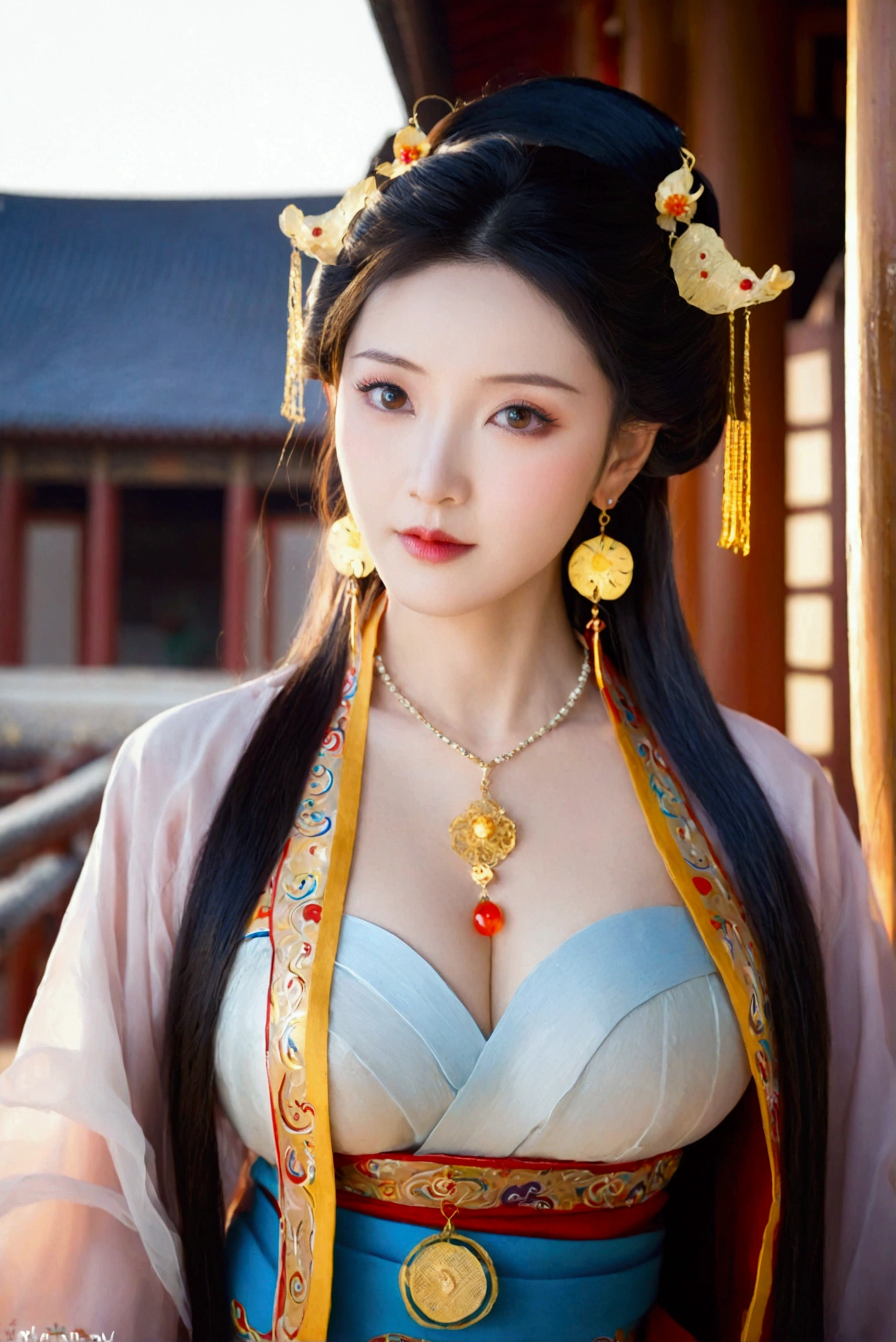 1girl, solo, breasts, looking at viewer, black hair, hair ornament, dress, cleavage, brown eyes, jewelry, closed mouth, upper body, earrings, indoors, chinese clothes,best quality,masterpiece,16k,A 40-year-old woman,Women pay attention to beautiful Chinese style clothes,natta,rays of moonlight,Asian architecture,Elaborate Eyes,Detailed faces,