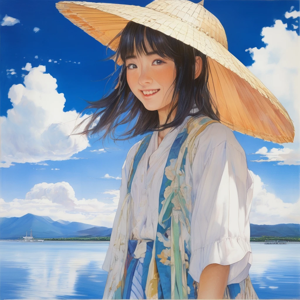 artwork:sadamoto yoshiyuki、beautiful girl、、Turn around and smile at the viewer、Eyes half closed、Smiling with teeth showing、、Water Drop、Blue sky and cumulonimbus background、Summer vacation、Summer Tradition、(sadamoto yoshiyuki スタイル:1.4)、masterpiece、Detailed Description