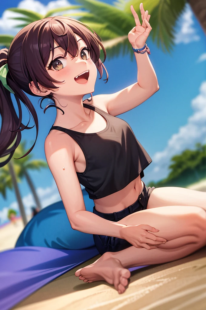 Beach, summer festival, live, music, artist, sweat, girl, front teeth, ponytail, tank top,
