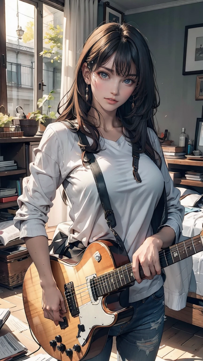 mouth, One girl, alone, In a messy room, guitar,