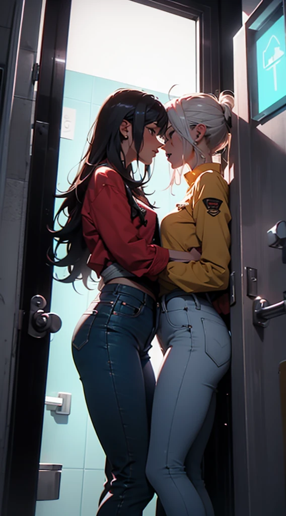 Two women aggressively making out in a bathroom, neon lights, locked bathroom door, enjoying each other wearing red jeans