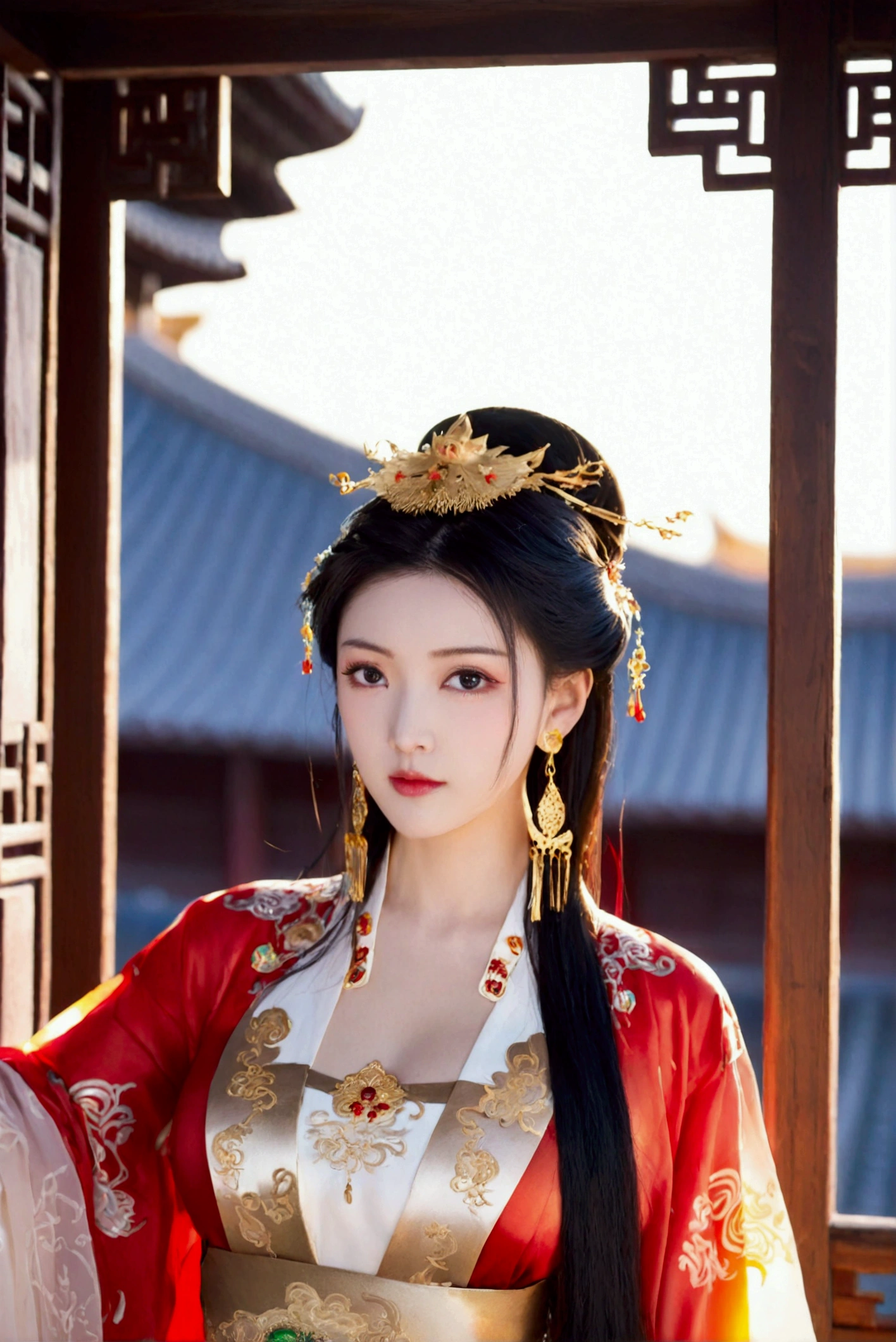 1girl, solo, breasts, looking at viewer, black hair, hair ornament, dress, cleavage, brown eyes, jewelry, closed mouth, upper body, earrings, indoors, chinese clothes,best quality,masterpiece,16k,Women pay attention to beautiful Chinese style clothes,natta,rays of moonlight,Asian architecture,Elaborate Eyes,Detailed faces,