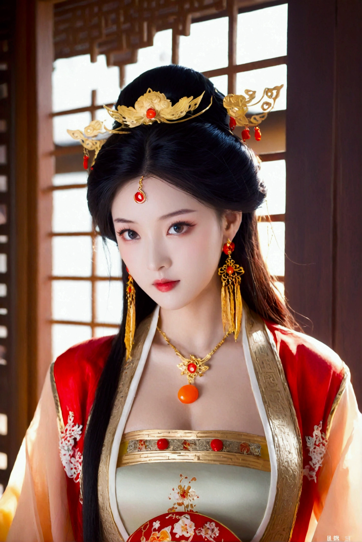 1girl, solo, breasts, looking at viewer, black hair, hair ornament, dress, cleavage, brown eyes, jewelry, closed mouth, upper body, earrings, indoors, chinese clothes，best quality，masterpiece，16k,Women pay attention to beautiful Chinese style clothes，natta，rays of moonlight，Asian architecture，Elaborate Eyes，Detailed faces，