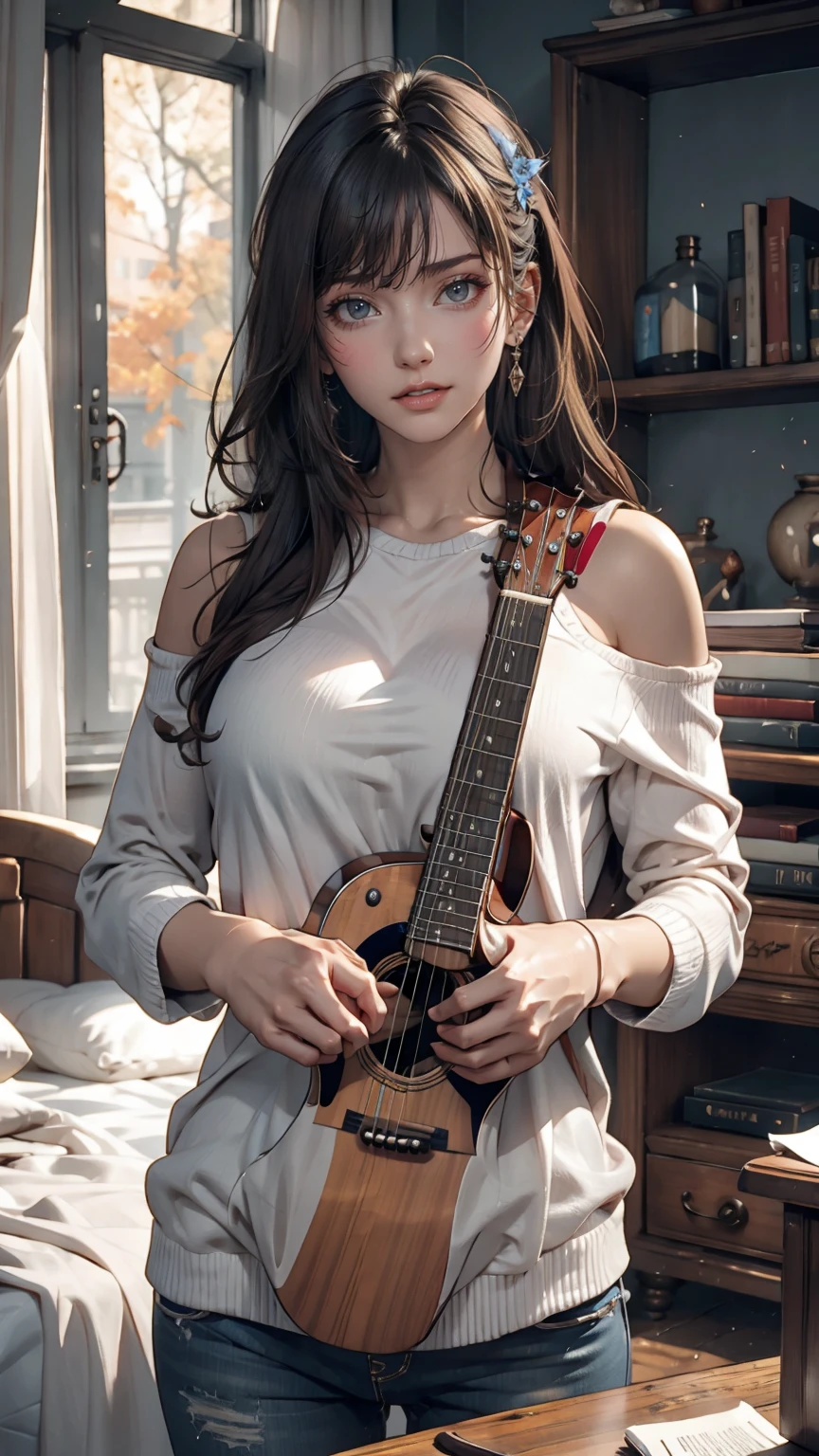 mouth, One girl, alone, In a messy room, guitar,