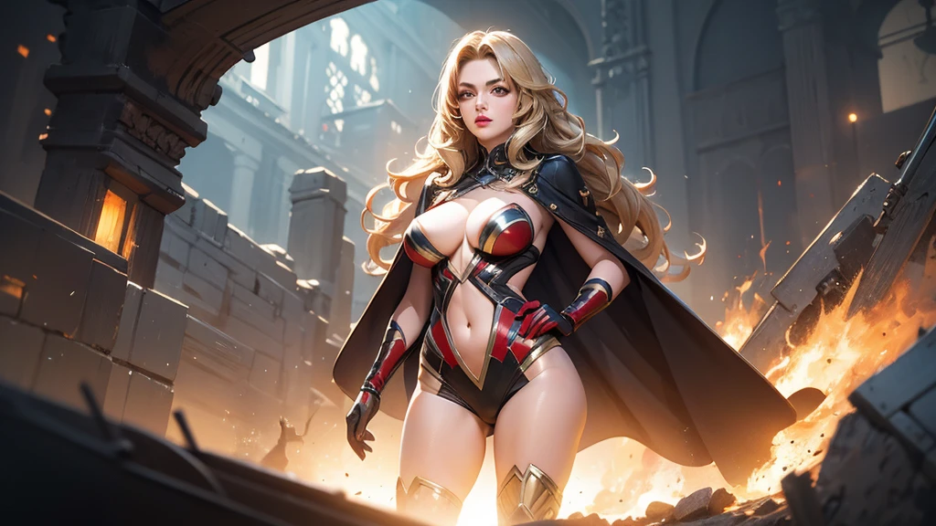 1girl,Alicia Viewsrtream, blonde hair, wavy hair, long hair, red eyes,red lips,red impossible clothes,red elbow gloves,red thigh boots,cape,incredibly absurdres,Volumetric Lighting,moody lighting,thighs,realistic,reality,hetero, best quality:1.4, intricate details, sharp focus, highres, elaborate atmosphere:0.90, 8K, 4K, UHD, 32k UHD resolution, realistic photo, professional photography, Ultra Detailed 8K CG, ultra high res, High quality texture, High quality shadows, vivid colors, detailed eyes, chromatic aberration, depth of field, soft lighting, masterpiece, best quality, intricate, (lens reflection: 0.7), (flowering: 0.7), particle effects, ray tracing, tone mapping, highly detailed, concept art, smooth, sharp focus, dramatic lighting, highly detailed art, cinematic, hyper-realistic painting, trending on Artstation, 8K, amazing shadows, realistic, (highly detailed background: 1.2), mid-journey art