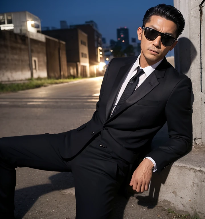 50 years old,One Man,Black Suit,Abandoned factory at night、mafia、Bend、Spread your legs wide、Hold a gun,Open your legs more,logic,Gay ,Very Short Hair,Stubble,Black sunglasses,Asian Faces,Masculine,The  area swells、Erotic ,looking at the camera