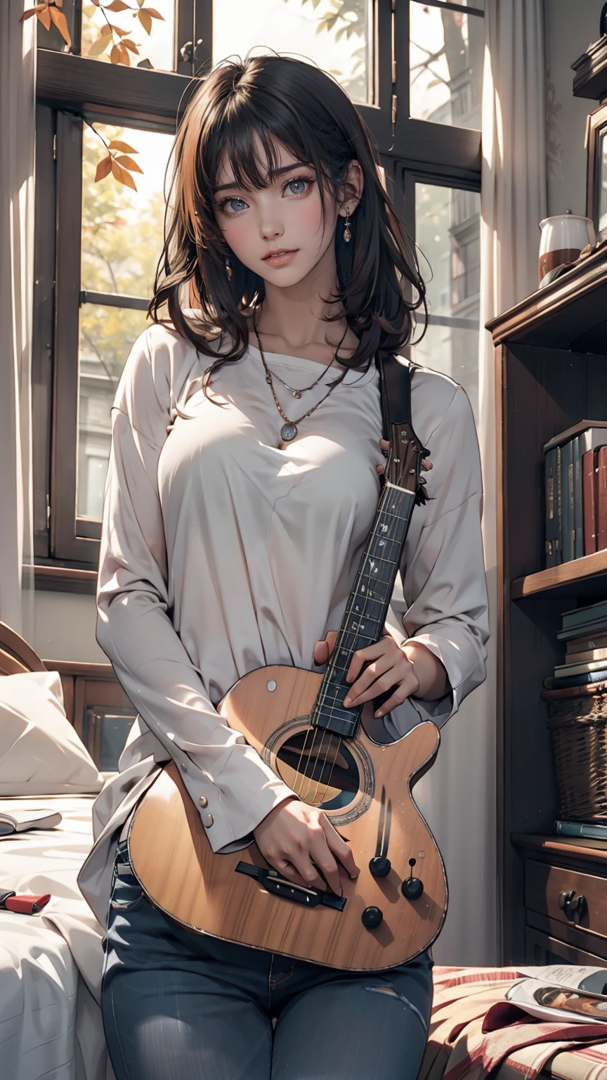 mouth, One girl, alone, In a messy room, guitar,
