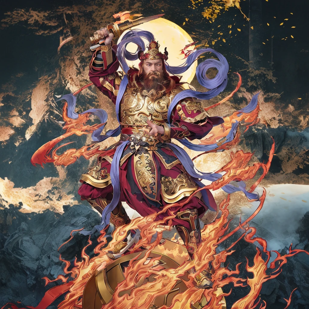 a fierce warrior, holding a golden bamboo sword, fire, asura from chinese myth, maroon beard and hair, purple deity ribbon, standing on huge golden wheel, 3 eyes, ancient chinese armour, taoist priest, taoist master, small crown, pointing middle finger, 