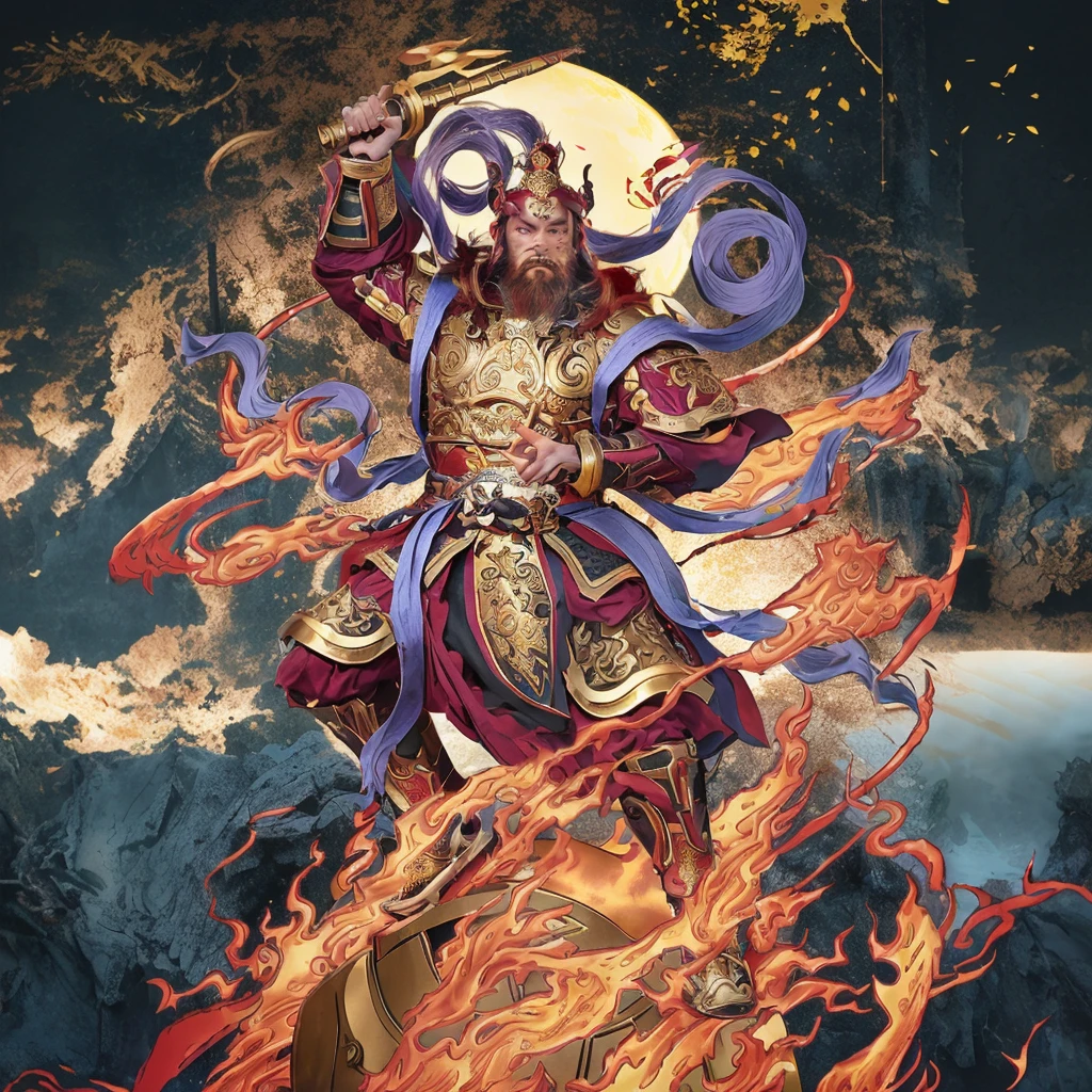 a fierce warrior, holding a golden bamboo sword, fire, asura from chinese myth, maroon beard and hair, purple deity ribbon, standing on huge golden wheel, 3 eyes, ancient chinese armour, taoist priest, taoist master, small crown, pointing middle finger, 