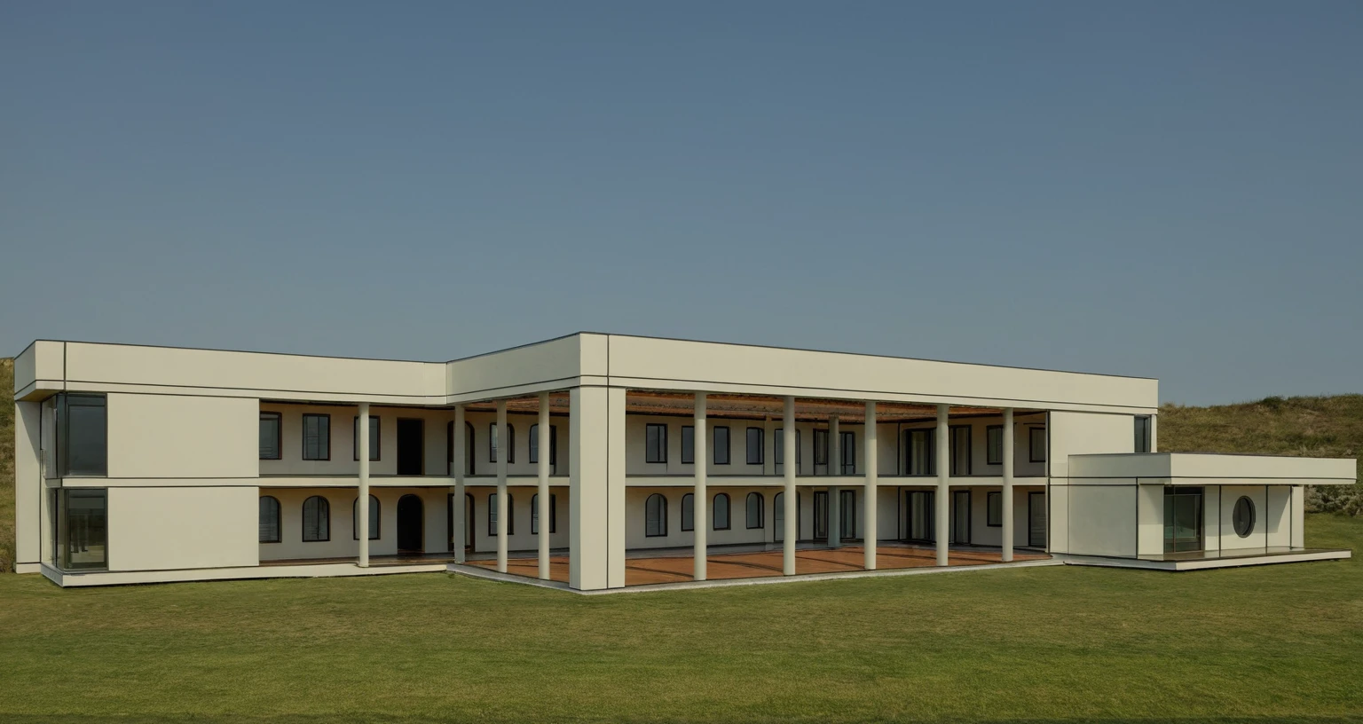 head of'artwork, high quality, best quality, Authentique, Great detail, En plein air, modern house style,bietthuhn, white wall, glass windows, Door'entrance,pavement, grass, trees,blue sky, nuvens, (jour:1.1), realistic lighting