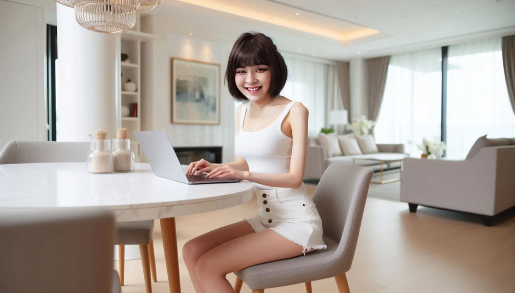 a short haircut, double eyelids, smiling, camera-facing expression,