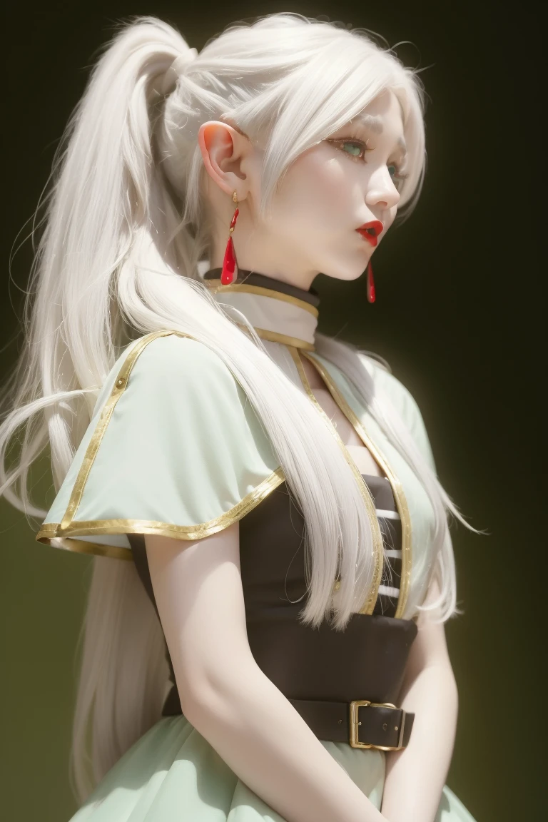 Standing with upper body, Honey, solitary, White skin, Long gray hair, Double ponytail hairstyle, (Elf ears), Green Eyes, Like a gem, earrings, Red Eyeshadow, Red lips, Black Magic Dress, careful, Fake laugh, masterpiece, high quality
