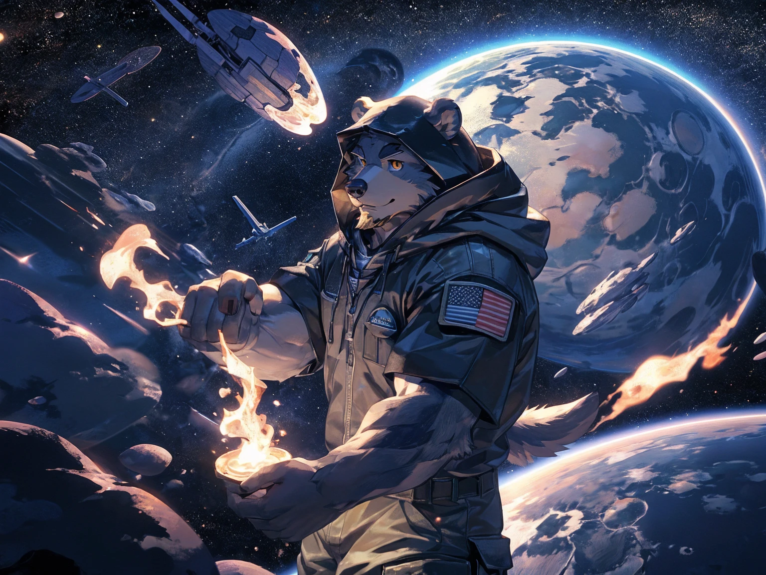 (masterpiece:1.2), best quality,pixiv,official art,perfect ???????, (Ray tracing, light),solo, (1_male:1.3) , (muscle), (grey fur:1.4), (muscle bear), (beard:1.2), (gleaming golden eyes), bear tail, full body, Thick black eyebrows,(open hooded parka), (naked inside), (cargo pants:1.2), boots , (in the space:1.3) , star , planet , earth , asteroid , (character floating :1.3)
