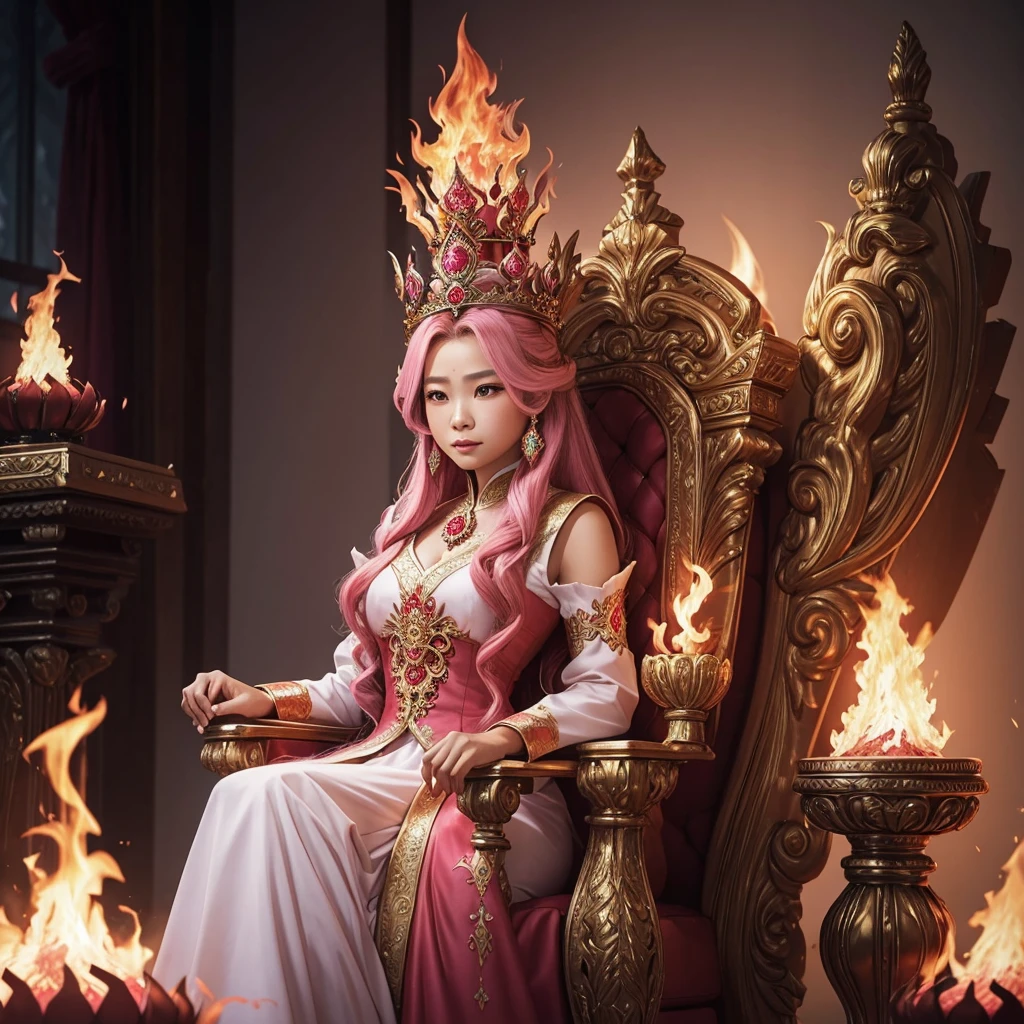 The beautiful Indonesian 17 old lady with stunning longest hair crown windblown. Dressed in pink-white-red luxury queen Dress, holding a magical fire element while sit on the throne in the flame castle with blizzard firestorm view, Surrounded by kings dragon. Wide full view realistic.