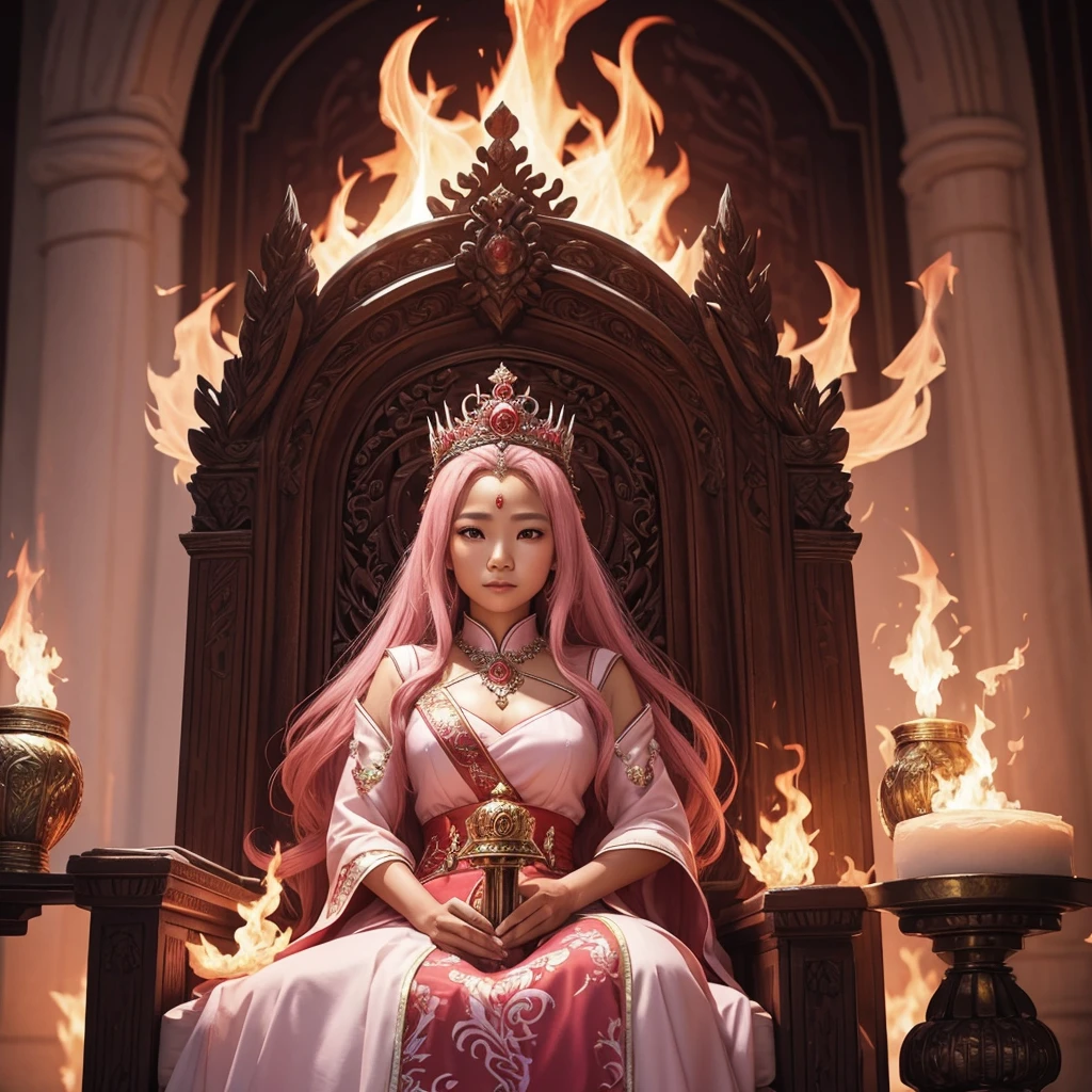 The beautiful Indonesian 17 old lady with stunning longest hair crown windblown. Dressed in pink-white-red luxury queen Dress, holding a magical fire element while sit on the throne in the flame castle with blizzard firestorm view, Surrounded by kings dragon. Wide full view realistic.