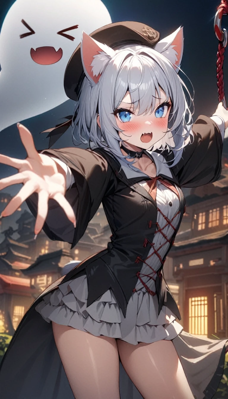 (((best quality)), ((masterpiece)), (details), masterpiece, best quality, high quality, ulutra detailed, perfect face, ((1girl, blue eyes, cat ears: 1.3 silver bob hair: 2.5,)) 、Shiny Hair、Glowing Skin、blush、Lustful look、Tiny vampire fangs、 choker、Kyungsi's costume、Kyungsi's Hat、 Cute ghost、>_<、Have a nunchuck、 Arms stretched straight out in front、 Chinese cemeteries、night、 masterpiece、Highest quality、Very aesthetic