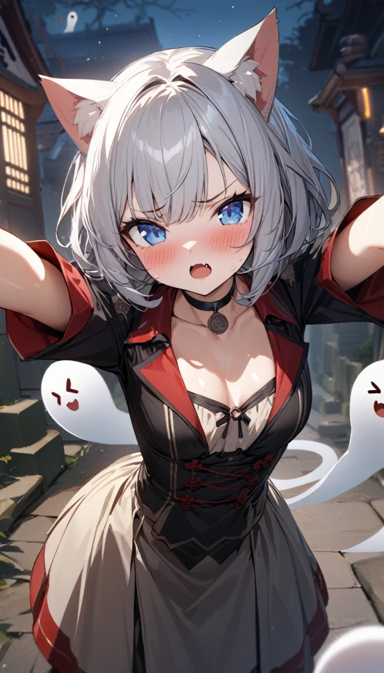 (((best quality)), ((masterpiece)), (details), masterpiece, best quality, high quality, ulutra detailed, perfect face, ((1girl, blue eyes, cat ears: 1.3 silver bob hair: 2.5,)) 、Shiny Hair、Glowing Skin、blush、Lustful look、Tiny vampire fangs、 choker、Kyungsi's costume、Kyungsi's Hat、 Cute ghost、>_<、Have a nunchuck、 Arms stretched straight out in front、 Chinese cemeteries、night、 masterpiece、Highest quality、Very aesthetic