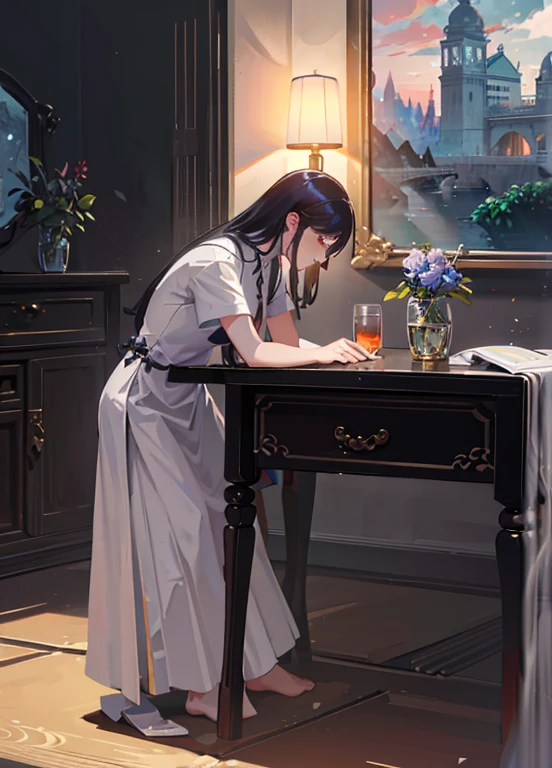 In the quiet night of the Song Dynasty, a serene scene unfolds. A traditional desk, crafted with exquisite Song Dynasty aesthetics, stands elegantly in a spacious room. The desk is adorned with delicate engravings and intricate patterns, reflecting the essence of the era. As the moonlight gently illuminates the room through a big window, the night sky outside is embraced by the tranquility of the scene.

In the warm glow of the moonlight, an adorable cat leisurely rests on the desk, blending seamlessly with the ambiance. Its graceful presence adds a touch of playfulness to the serene atmosphere. The cat's fur is depicted with great attention to detail, revealing its softness and irresistible charm.

Next to the desk, a computer is positioned, representing the harmonious coexistence of tradition and modernity. The computer's sleek design and state-of-the-art technology symbolize the integration of innovation with the beauty of the Song Dynasty aesthetics. It serves as a reminder of the ever-evolving nature of art.

The room is adorned with an abundance of plants, lush and vibrant. The foliage surrounds the space, breathing life into every corner. Their verdant green hues create a refreshing contrast against the wooden elements of the room. These plants symbolize the harmony between nature and human creation, fostering a sense of tranquility and appreciation for the beauty of the natural world.

To ensure the best quality, the prompt begins with the tags "(best quality, 4k, 8k, highres, masterpiece:1.2), ultra-detailed, (realistic, photorealistic, photo-realistic:1.37)" to emphasize the desire for a highly detailed and realistic artwork. The use of HDR, UHD, studio lighting, ultra-fine painting, and sharp focus further enhances the image's visual impact. The colors are carefully curated to evoke the rich and vibrant hues often associated with the Song Dynasty aesthetics.

Finally, the lighting in the room is meticulously crafted to create a serene and enchanting atmos