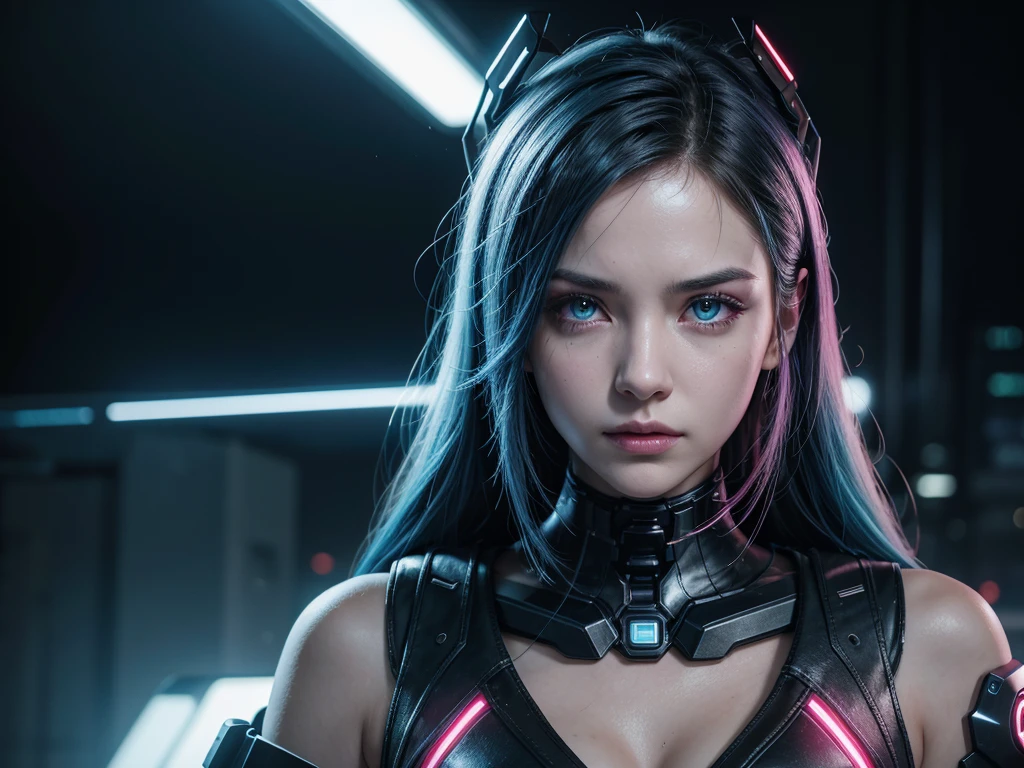 A single woman with intense, styled blue hair, perhaps with neon streaks. Her expression is serious and determined, with one half of her face appearing cybernetic. She has bright pink glowing eyes, with the cybernetic eye having a more intense glow, suggesting advanced technological implants. She is looking directly at the screen, establishing an intense connection with the observer.
Her skin has a pale tone on the human side, while the cybernetic side features metallic and synthetic components. There is a vibrant neon reflection on her face, adding to the futuristic atmosphere. The neon light highlights her features and enhances the cyberpunk aesthetic. Ensure that the image captures her entire face and hair without cropping any part of them, with no background scenario.