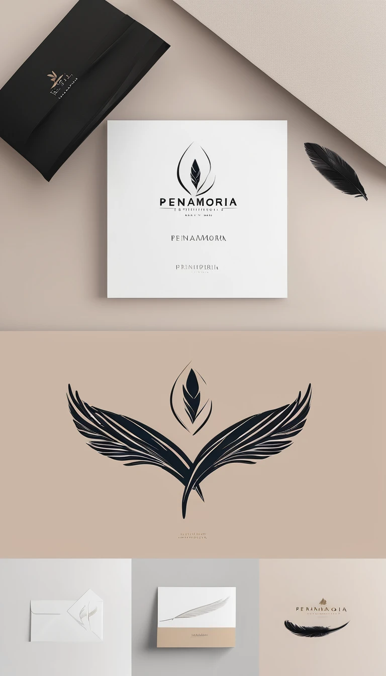 A minimal, modern, simple, cinematic logo design for the brand “Penamemoria". Create a modern, minimalistic, high-quality, logo of a feather with wings that convey a sense of memories and dreams