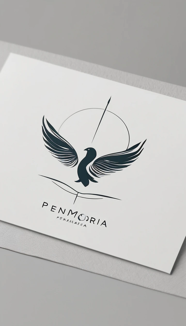 A minimal, modern, simple, cinematic logo design for the brand “Penamemoria". Create a modern, minimalistic, high-quality, logo of a feather with wings that convey a sense of memories and dreams