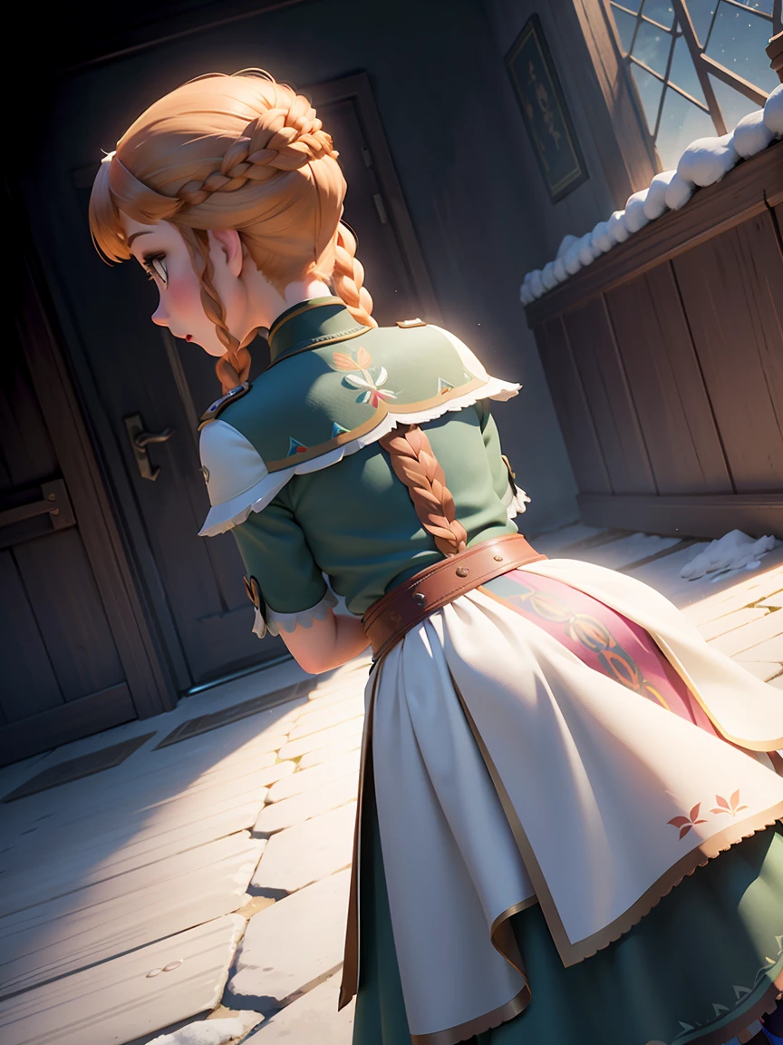 Photo of Anna of Arendelle from behind, angle from behind,