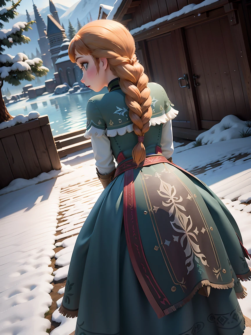 Photo of Anna of Arendelle from behind, angle from behind,
