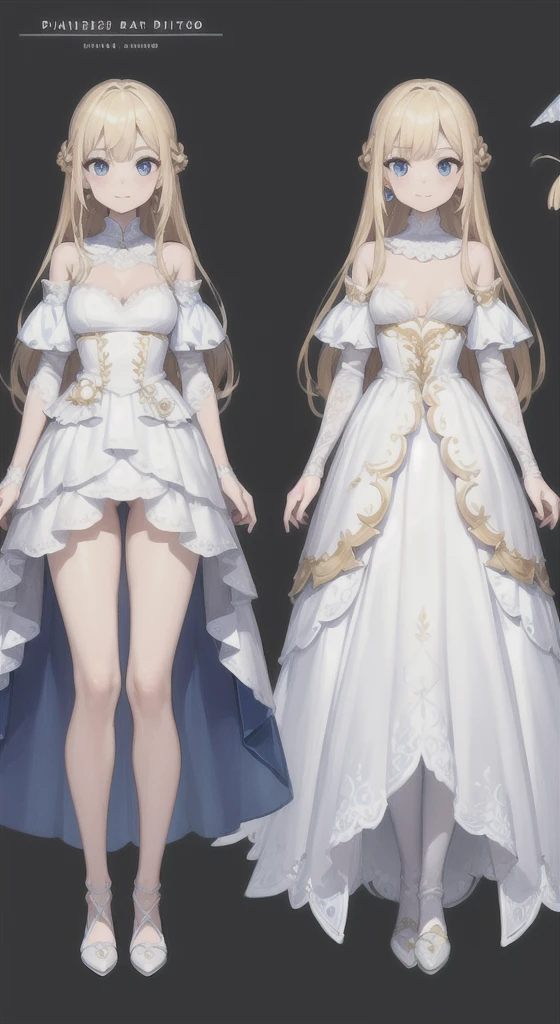 charturnerv2, 1girl, full body, blonde hair, long hair, blue eyes, white dress with blue details, princess, same outfit, concept-art, full body, detail_face, line_sketch, PlanIt, official art, official alternate costume, design style, multi style, detail character, 4_side, original, 8K GC, massive detail, multiple views of the same character, no background, only detail character, technical illustration, multiple views,masterpiece,best quality