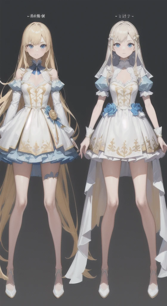 charturnerv2, 1girl, full body, blonde hair, long hair, blue eyes, white dress with blue details, princess, same outfit, concept-art, full body, detail_face, line_sketch, PlanIt, official art, official alternate costume, design style, multi style, detail character, 4_side, original, 8K GC, massive detail, multiple views of the same character, no background, only detail character, technical illustration, multiple views,masterpiece,best quality