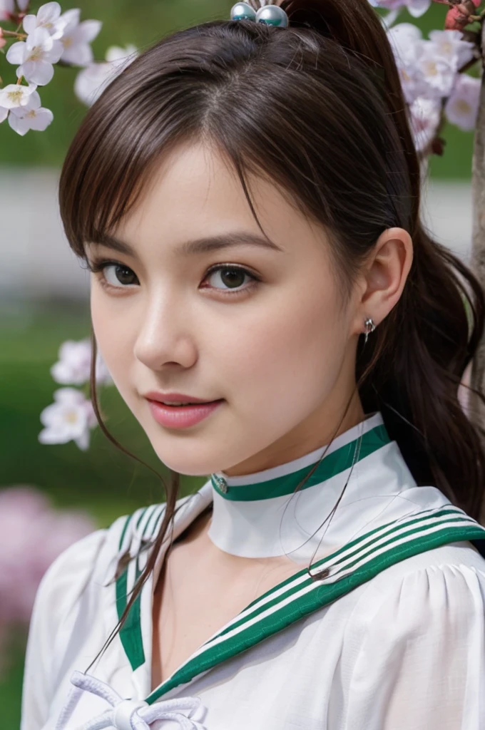 (masterpiece, Highest quality:1.4), (whole body:1.5), One girl, alone, Ham Jupiter, (Green Eyes), ponytail, (tiara:1.2), jewelry, (Sailor Warrior Uniform:1.5), Green sailor collar, choker, Elbow hand pockets, White gloves, Pink ribbon, brooch, White leotard, Green Skirt, Pleated skirt:1), Beautiful Face, Highly detailed face, Highly detailed eyes, Highly detailed skin, Skin pores, Scattered beneath the surface, Realistic pupils, Mid-chest, Sexy smile, Blush all over face, Fuller lips, Cherry blossom tree background, Scattered beneath the surface, Detailed Background, Depth of written boundary, Volumetric lighting, Sharp focus, Absurd, Realistic proportions, Excellent anatomy, (Realistic, hyperRealistic:1.4), 16k hdr,