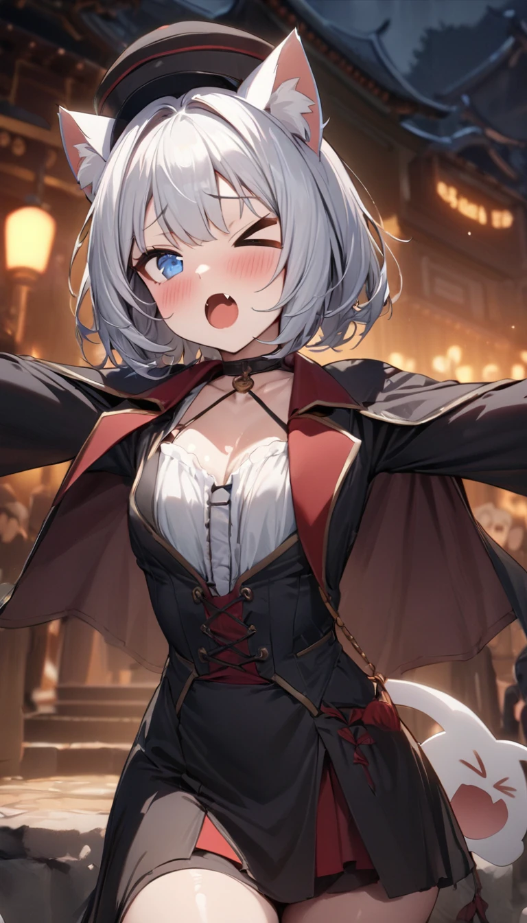 ((best quality)), ((masterpiece)), (details), masterpiece, best quality, high quality, ulutra detailed, perfect face, ((1girl, blue eyes, cat ears: 1.3 silver bob hair: 2.5,)) 、Shiny Hair、Glowing Skin、blush、Lustful look、Tiny vampire fangs、 choker、Kyungsi's costume、Kyungsi's Hat、 Cute ghost、>_<、Have a nunchuck、 Arms stretched straight out in front、 Chinese cemeteries、night、 masterpiece、Highest quality、Very aesthetic