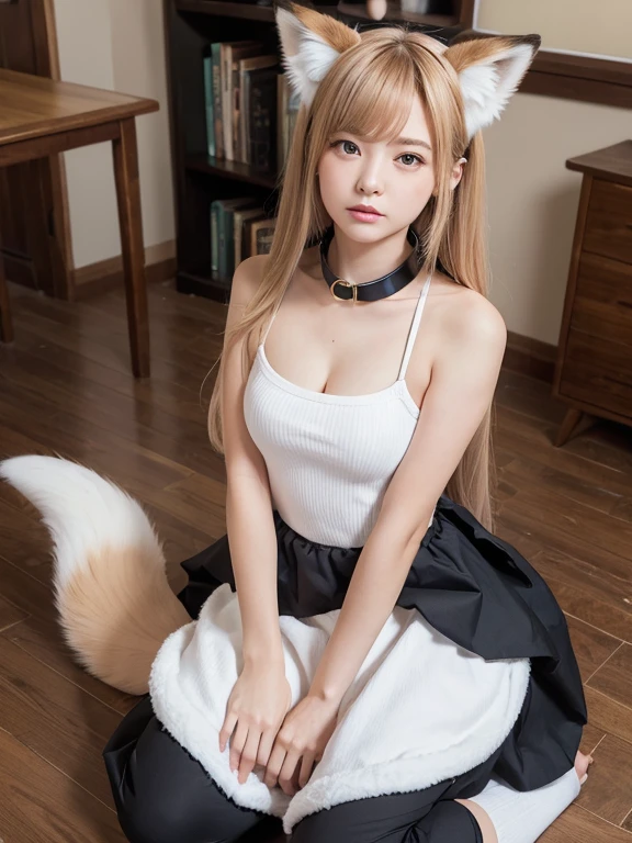 ((Highest quality)), ((masterpiece)), (Familiar), Perfect Face, fox lady, Pretty girl, Fox Ears, Fox tail, She has a northern fox tail, She wags her fluffy tail, She is a pretty maid, Beautiful hip line, Thick thighs, One big tail, A tail protruding from under the skirt, Nice body, Shyly showing off his tail, Only one tail, Troubled face, cat collar