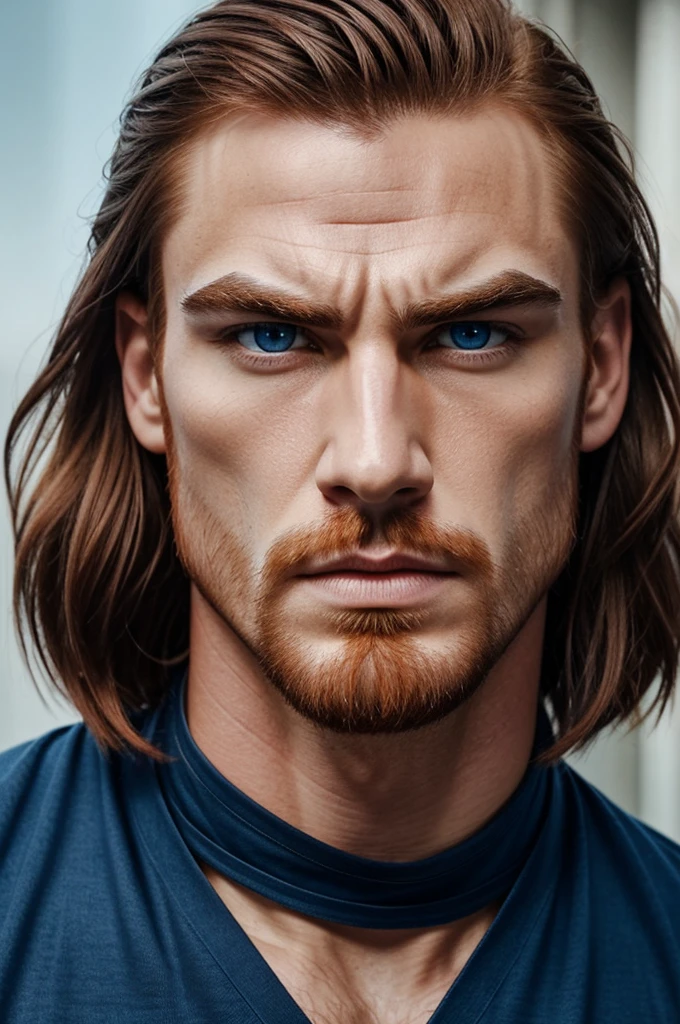 manly face, square bone shape, marking the chin, dominant blue eyes, short ombre hair, pronounced chin, marked cheekbones, thick lips, stooped nose, elongated and sharp, serious face, masculine, thick neck.
Natural redhead.
thick eyebrows.