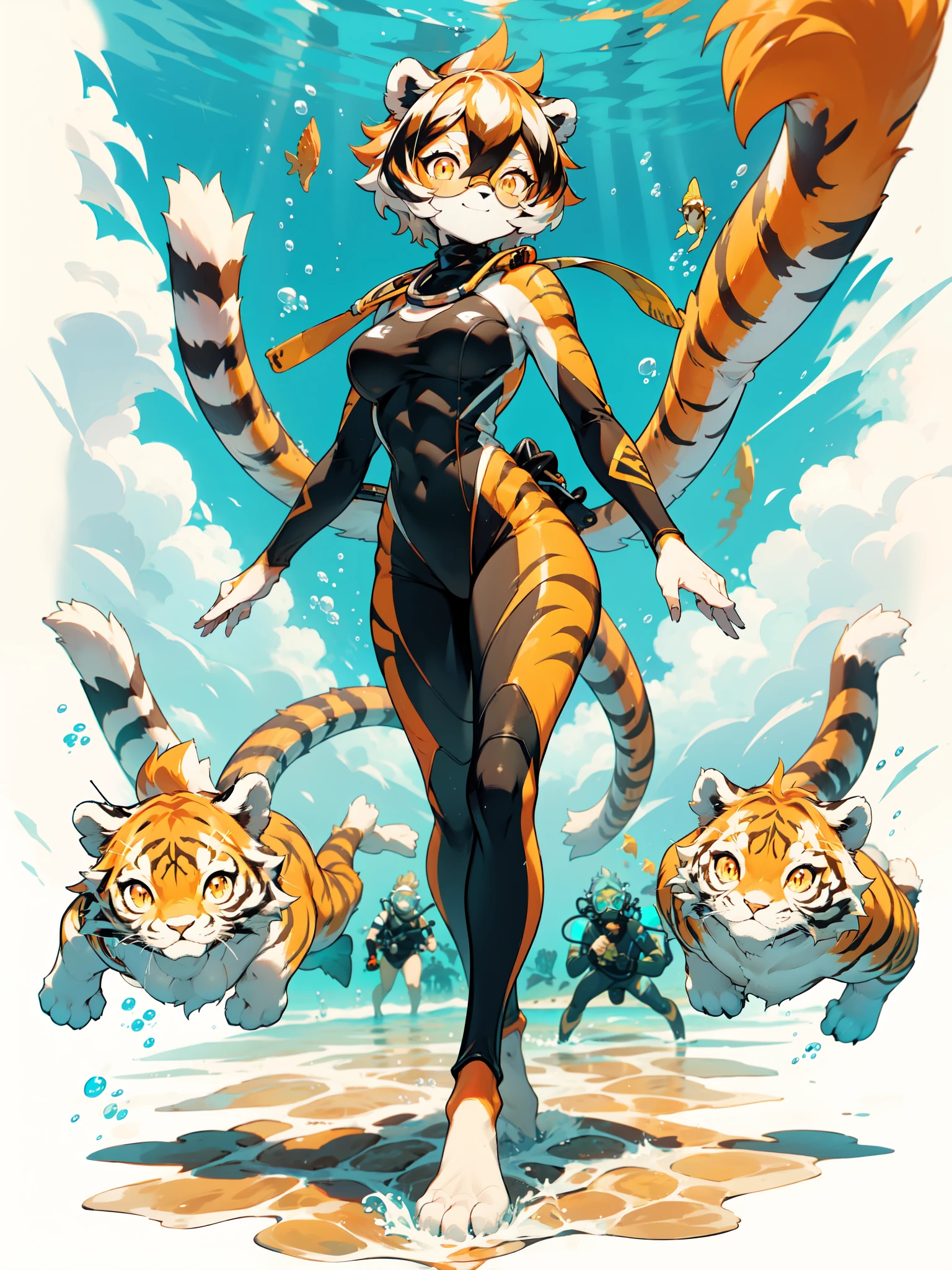 white background, full body,1girl，solo, Standing, animal ears, white hair, black hair, short hair, large breasts, Abdominal muscles,, tail, orange eyes, orange hair, multicolored hair, tiger girl, hair between eyes, tiger_ears, tiger_tail, orange-tinted_eyewear, tinted_eyewear, big breasts, evil smile, Shadows under feet,  (((scuba diving outfit:1.2))),