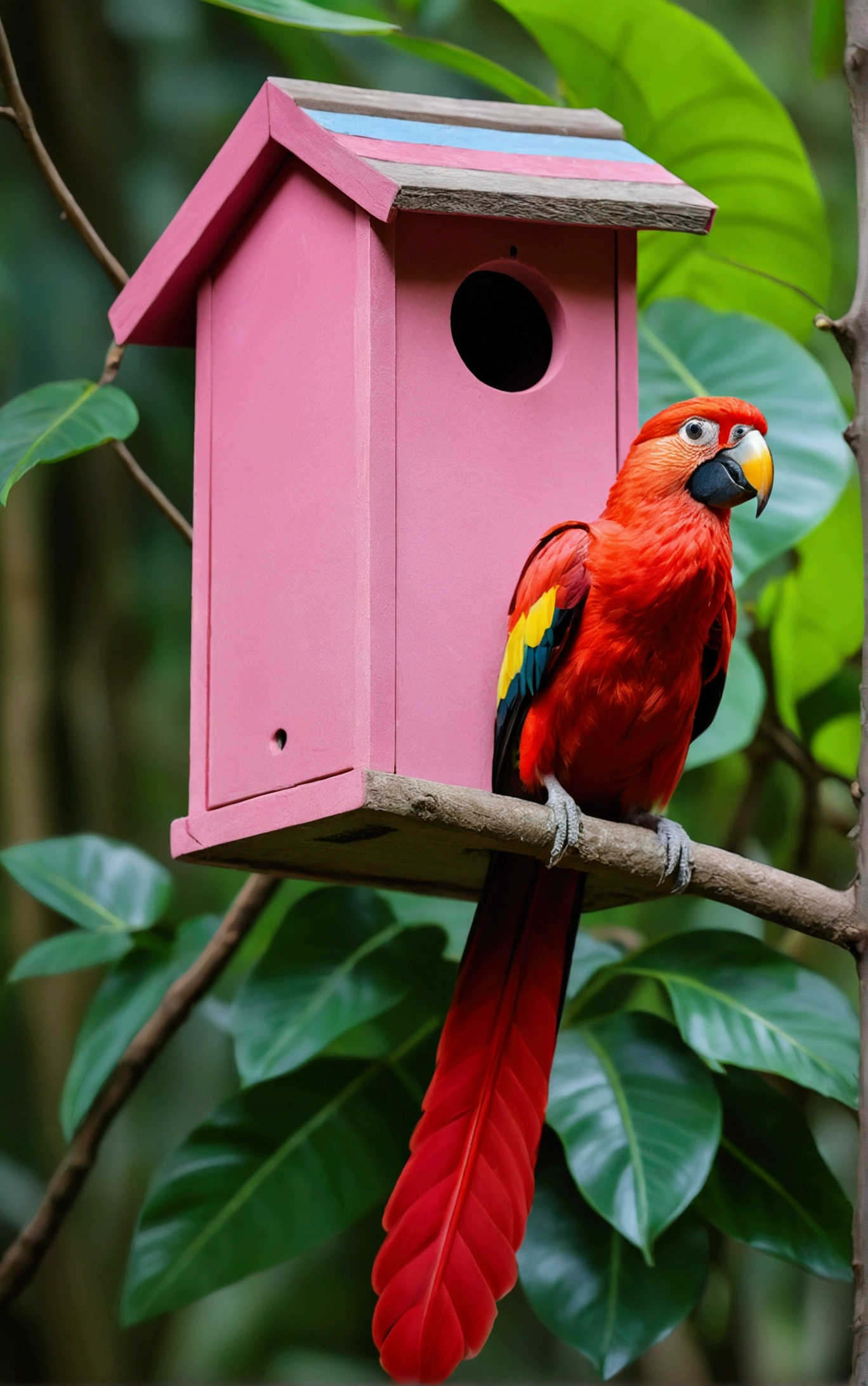 there is a big bird, pink, red, with colorful stripes, in a birdhouse with a tail, rare bird in the jungle, long tail, very beautiful and elegant, beautiful and elegant, long and elegant tail, captured in canon eos r 6, long tail, beautiful and graceful, long tails, by Sudip Roy, mischievous look, sitting on a curly branch, high quality nature photography