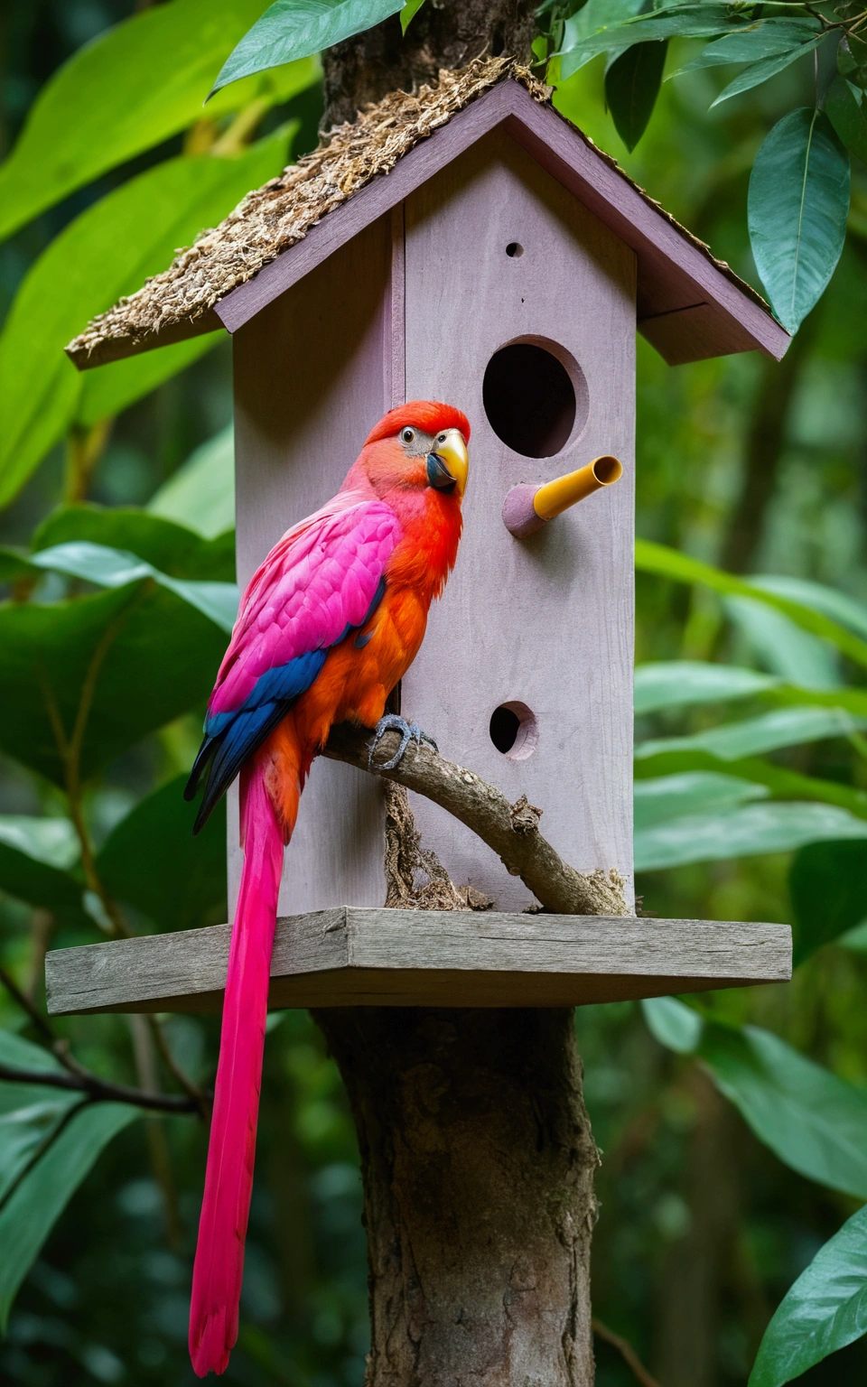 there is a big bird, pink, red, with colorful stripes, in a birdhouse with a tail, rare bird in the jungle, long tail, very beautiful and elegant, beautiful and elegant, long and elegant tail, captured in canon eos r 6, long tail, beautiful and graceful, long tails, by Sudip Roy, mischievous look, sitting on a curly branch, high quality nature photography
