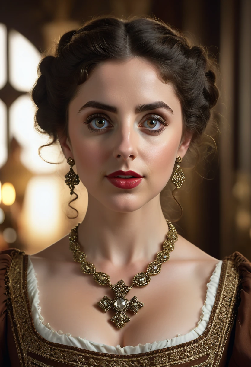 A beautful jewish women with a thick bush unibrow and a large bulbous nose. brown hair that is extremy curly and kinky, Traditional jewish dress. Ultra HD, with Rococo he symmetrical face, photorealistic photography, path tracing, specular lighting, and volumetric face light enhance the details. The scene is captured in maximum quality, masterpiece, 8K high resolution, and top quality.Alison Brie. Epc lighting, striking silhouette. cross necklace. Doe eyes. The epitome of old wpr;d beauty and charm.
 The symmetrical face, photorealistic photography, path tracing, specular lighting, and volumetric face light enhance the details. The scene is captured in maximum quality, masterpiece, 8K high resolution, and top quality.