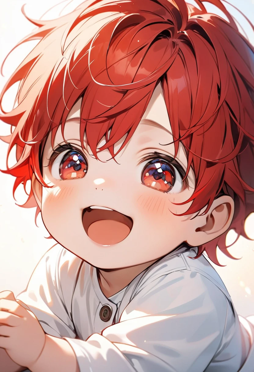 8k, baby boy with red hair, Eyes red, happy expression, white  clothes, soft light background
