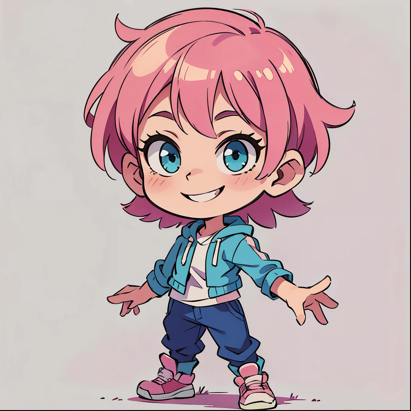 ((Cool smile))、Pink hair、short hair、Blue-green eyes、Simple clothes
