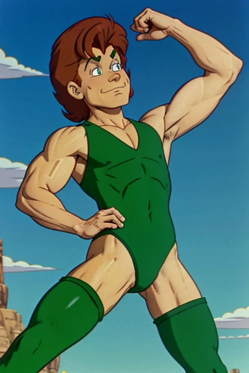 a redhead cartoon character dressed in a green leotard, very muscular, a young male wizard, 1980s cartoon, animated episode still, Presto (((mad)))