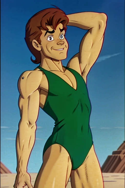 a redhead cartoon character dressed in a green leotard, very muscular, a young male wizard, 1980s cartoon, animated episode still, Presto (((mad)))