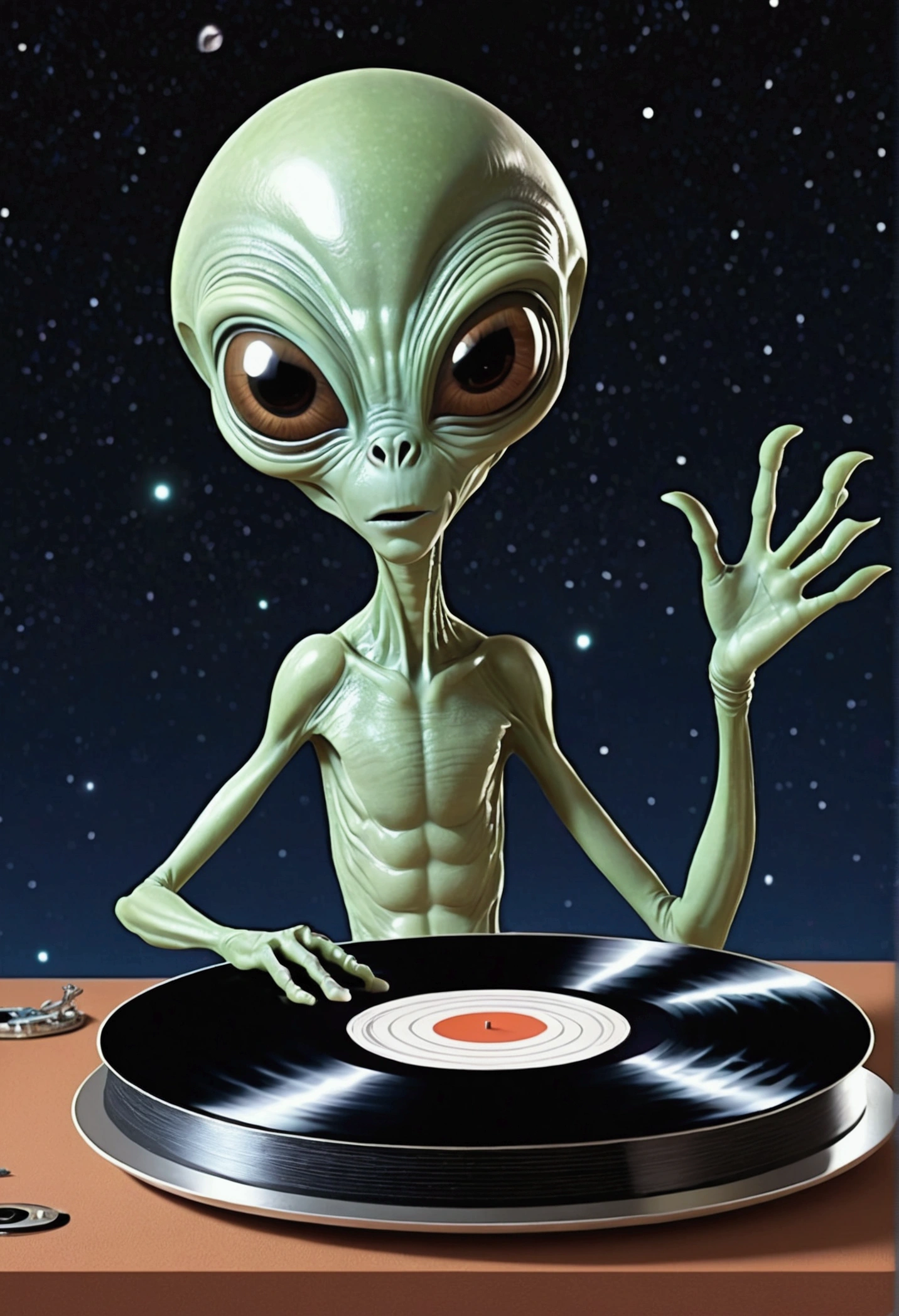 animated cartoon, an alien holding a broken record, diagonal jupiter scenario