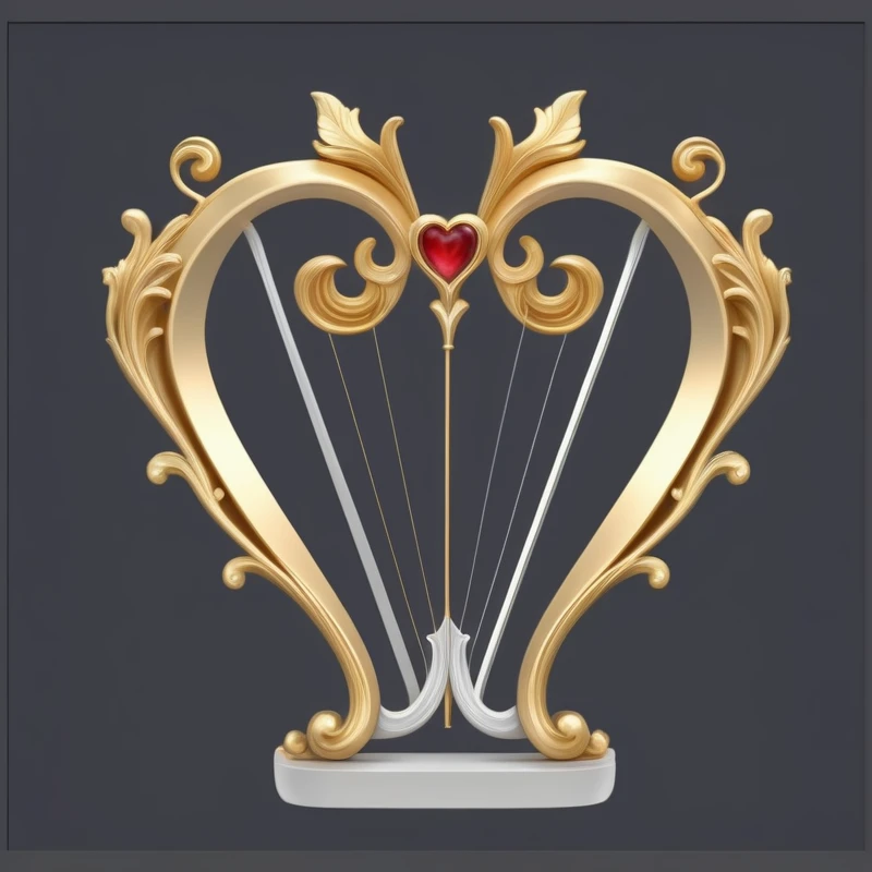 There is a golden heart-shaped sculpture there.，There is a red heart on it, harp, 3 d Gorgeous carved water heart, Art Nouveau Octane Rendering, with an harp, (Fantasy Violin), andrei riabovitchev symmetry, Baroque elements, Fantasy Violin, Baroque style items, Gorgeous and flowing, Art Nouveau 3D curves and swirls, Gorgeous, playing harp in magical forest