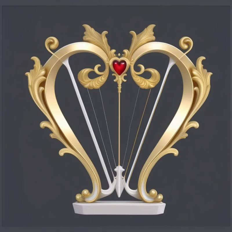 There is a golden heart-shaped sculpture there.,There is a red heart on it, harp, 3 d Gorgeous carved water heart, Art Nouveau Octane Rendering, with an harp, (Fantasy Violin), andrei riabovitchev symmetry, Baroque elements, Fantasy Violin, Baroque style items, Gorgeous and flowing, Art Nouveau 3D curves and swirls, Gorgeous, playing harp in magical forest