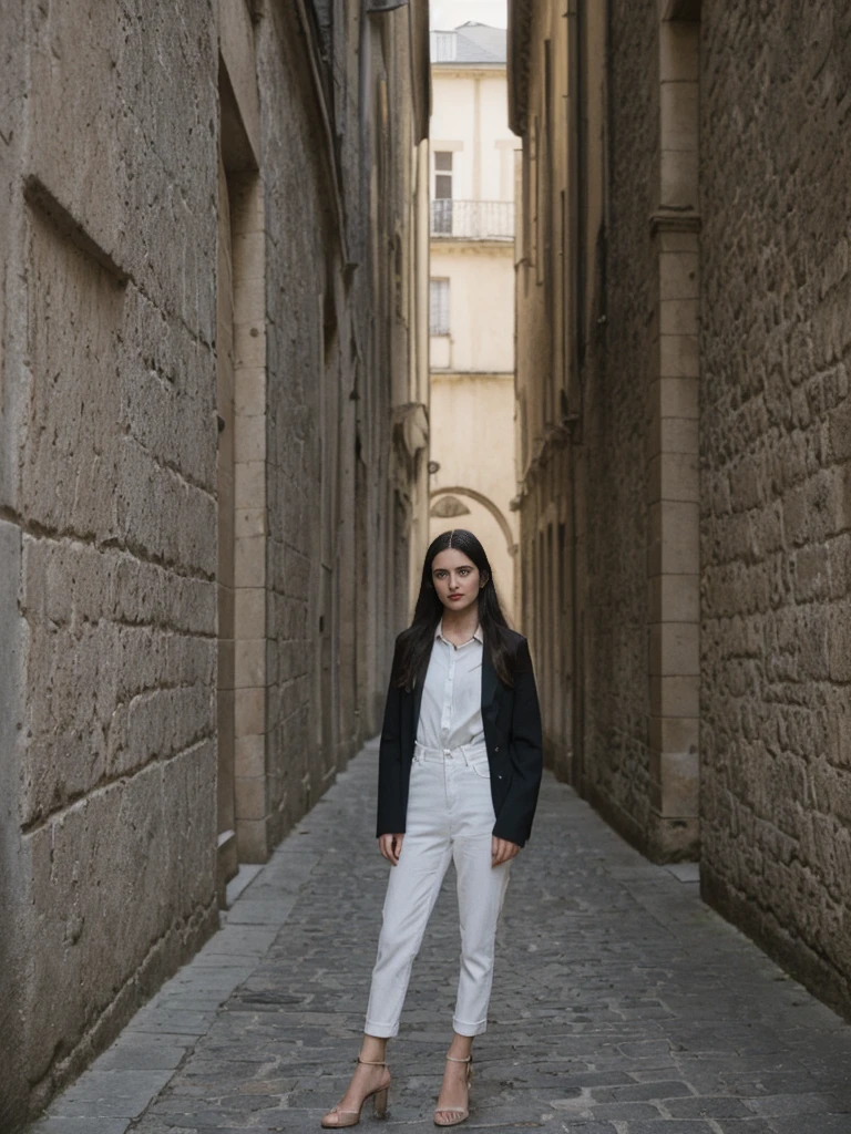 her name is Amelie, high quality, 1girl, ((25-year-old fit Caucasian woman)), ((25 years old)), ((SLIM)), ((long dark hair), pose: standing, wearing In style in trend Generation-Z modern wear different colored, BACKGROUND:"In the Traboules, hidden passageways connecting historic buildings in Old Lyon."
