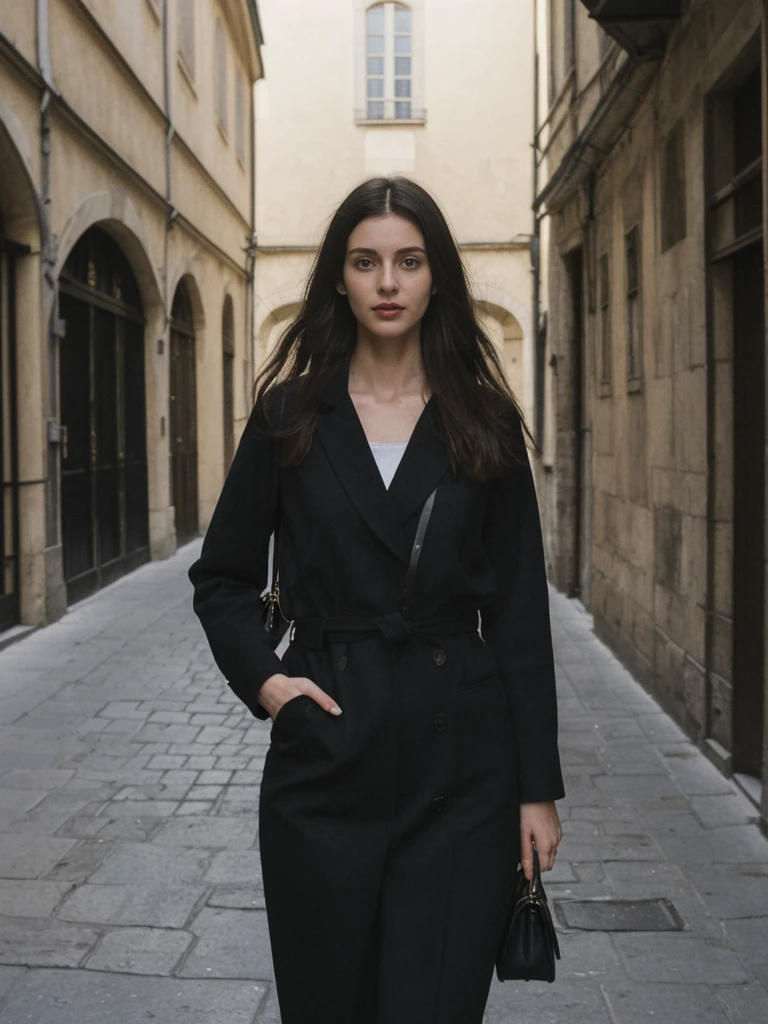 her name is Amelie, high quality, 1girl, ((25-year-old fit Caucasian woman)), ((25 years old)), ((SLIM)), ((long dark hair), pose: standing, wearing In style in trend Generation-Z modern wear different colored, BACKGROUND:"In the Traboules, hidden passageways connecting historic buildings in Old Lyon."