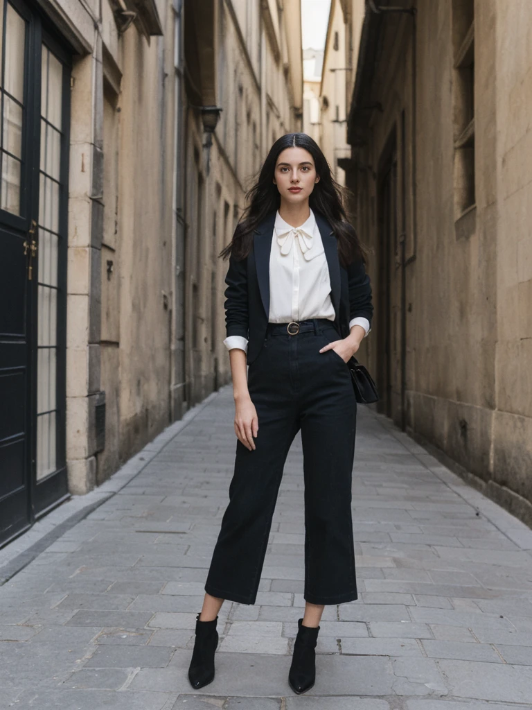 her name is Amelie, high quality, 1girl, ((25-year-old fit Caucasian woman)), ((25 years old)), ((SLIM)), ((long dark hair), pose: standing, wearing In style in trend Generation-Z modern wear different colored, BACKGROUND:"In the Traboules, hidden passageways connecting historic buildings in Old Lyon."
