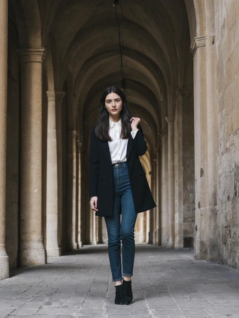 her name is Amelie, high quality, 1girl, ((25-year-old fit Caucasian woman)), ((25 years old)), ((SLIM)), ((long dark hair), pose: standing, wearing In style in trend Generation-Z modern wear different colored, BACKGROUND:"In the Traboules, hidden passageways connecting historic buildings in Old Lyon."